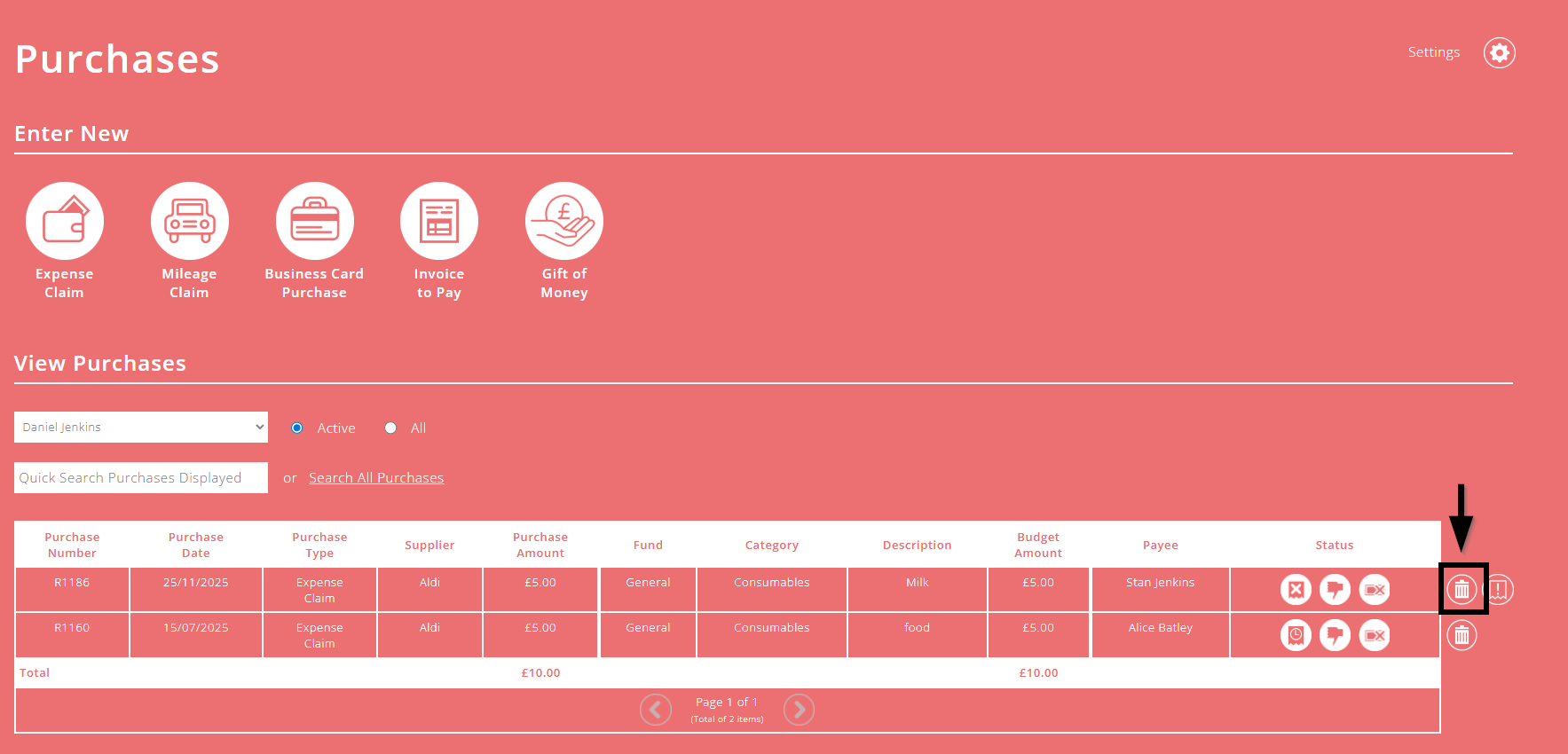 ExpensePlus screenshot of purchases screen