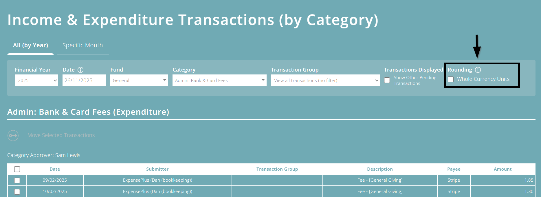 ExpensePlus screenshot of income and expenditure transactions by category report