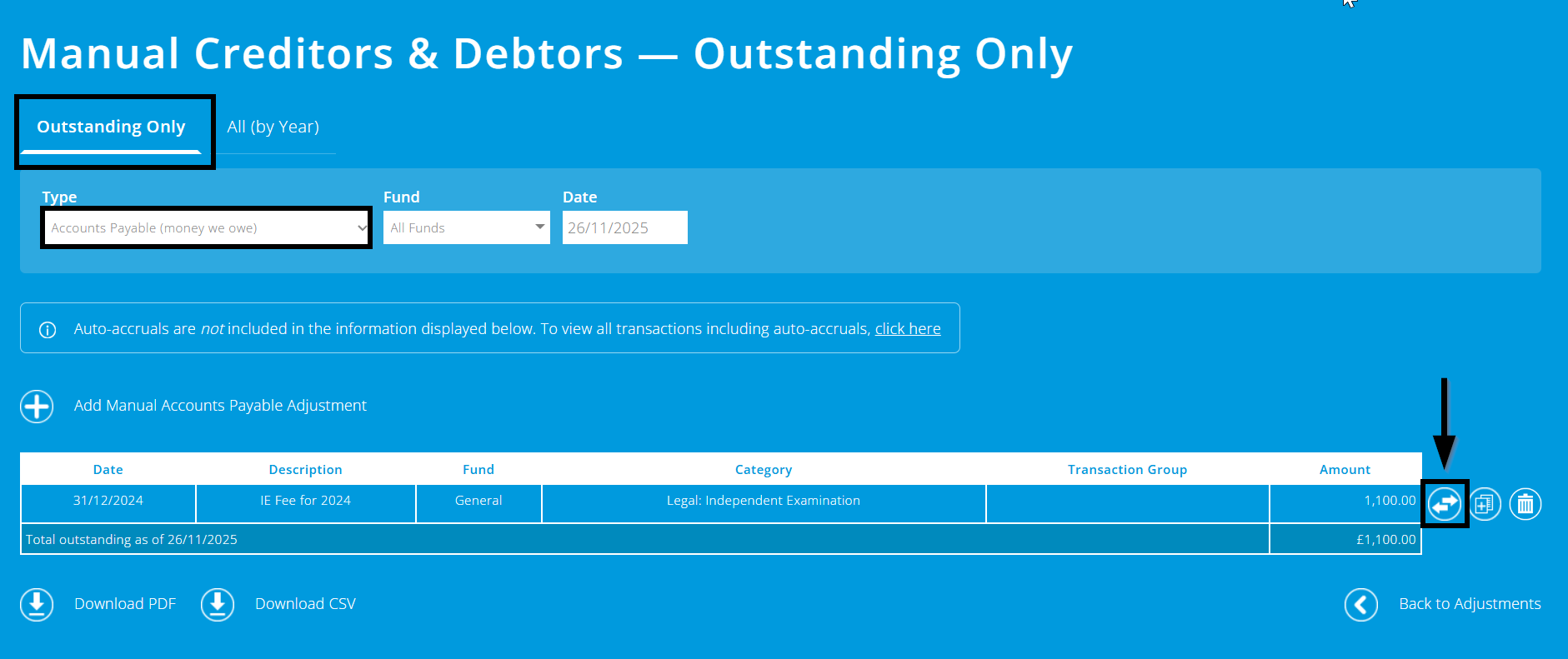 ExpensePlus screenshot of manual creditors and debtors screen