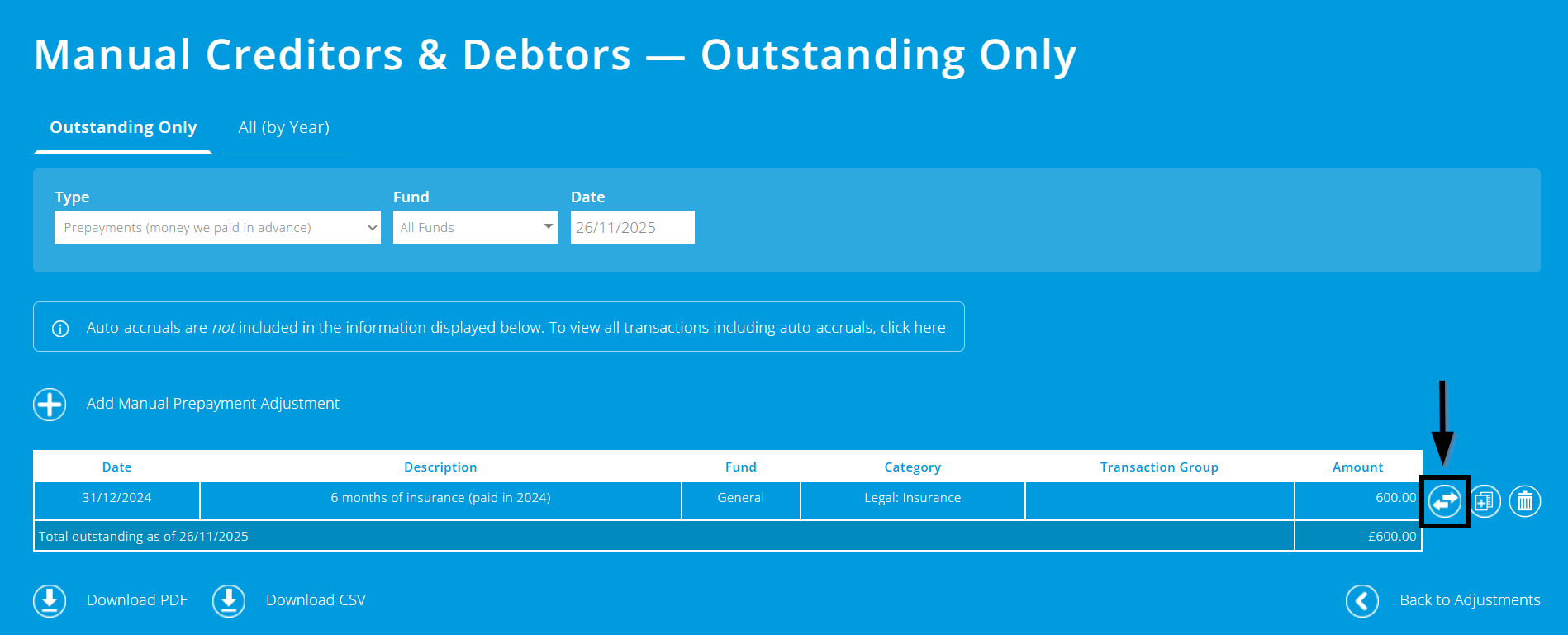 ExpensePlus screenshot of manual creditors and debtors screen