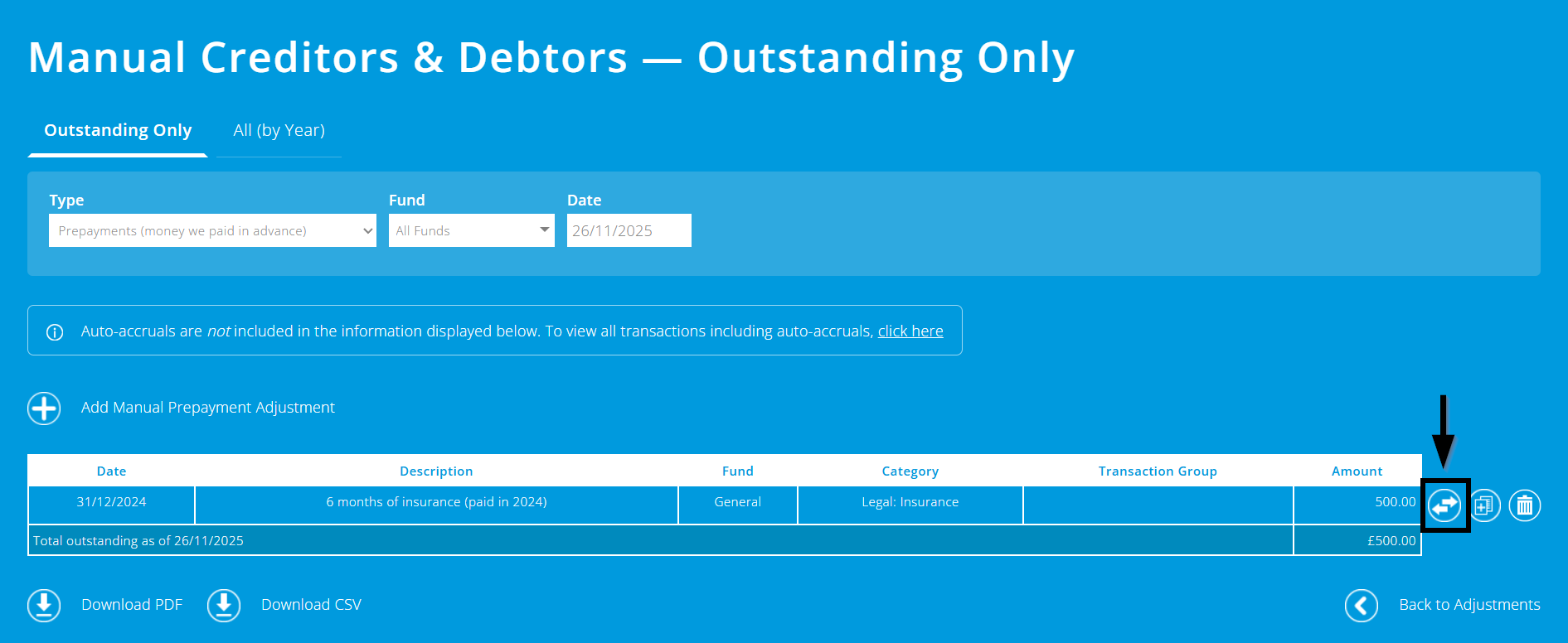 ExpensePlus screenshot of manual creditors and debtors screen