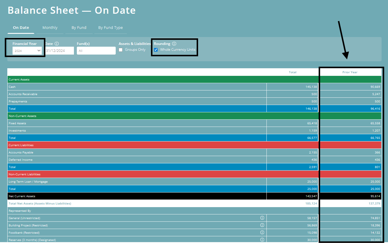 ExpensePlus screenshot of a balance sheet, highlighting 'Financial Year', 'Rounding' and 'Prior year'