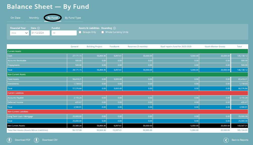 ExpensePlus screenshot of the 'Balance Sheet - By Fund', highlighting the 'By Fund' tab