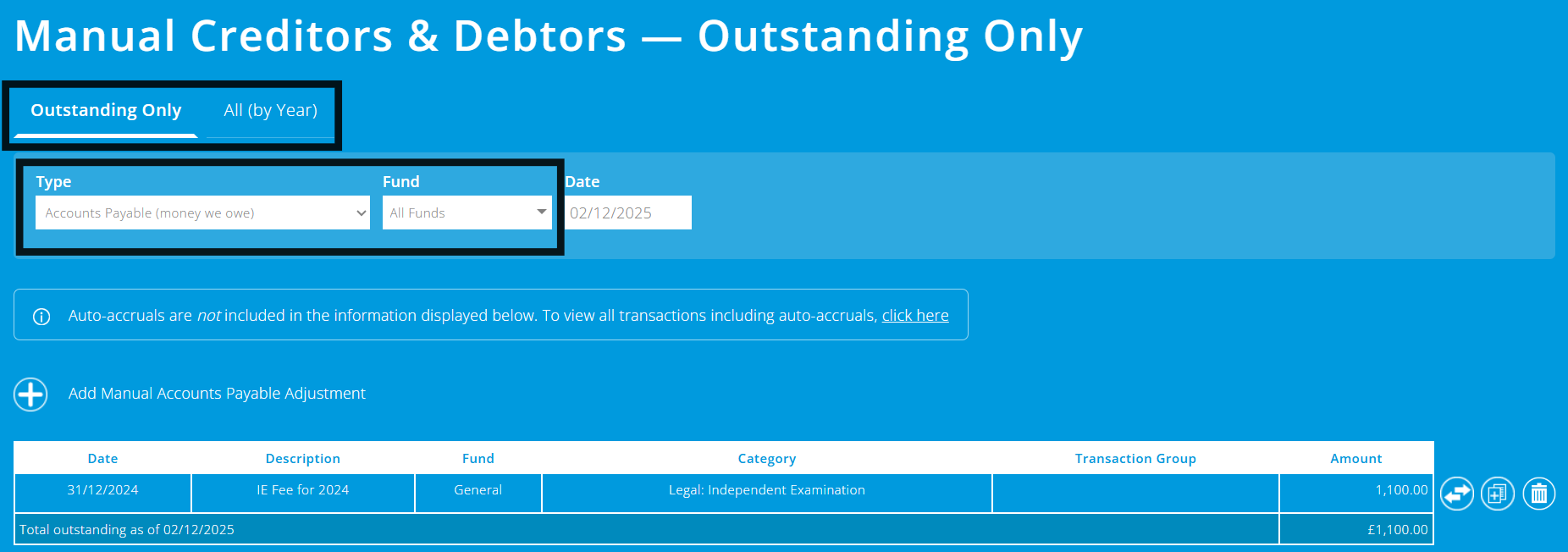 ExpensePlus Manual Creditors and Debtors screen highlighting the different views and filters as outlined above