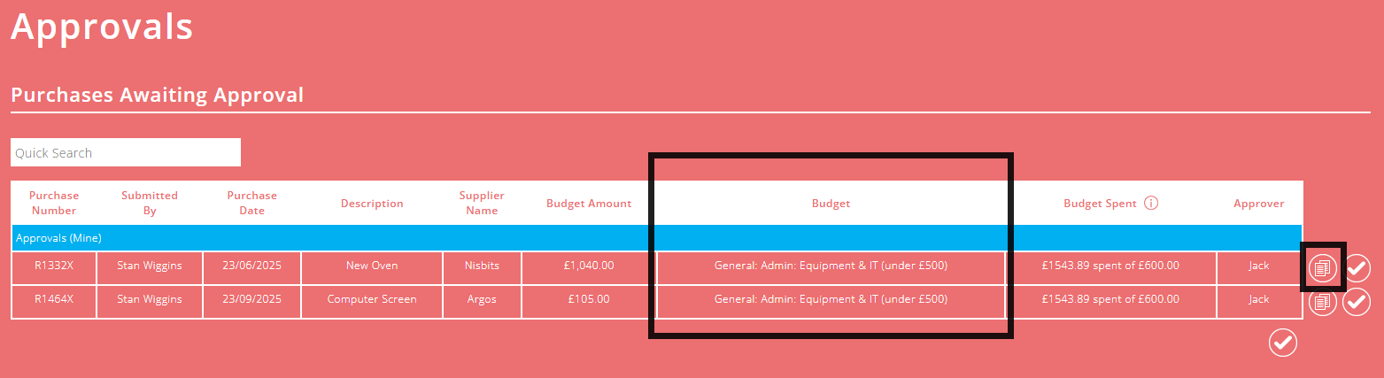 ExpensePlus approvals screen highlighting the budget column of the table and the report button