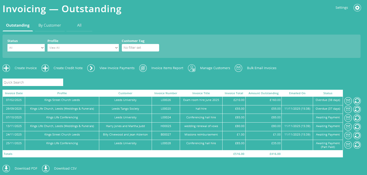 ExpensePlus screenshot of outstanding invoices screen