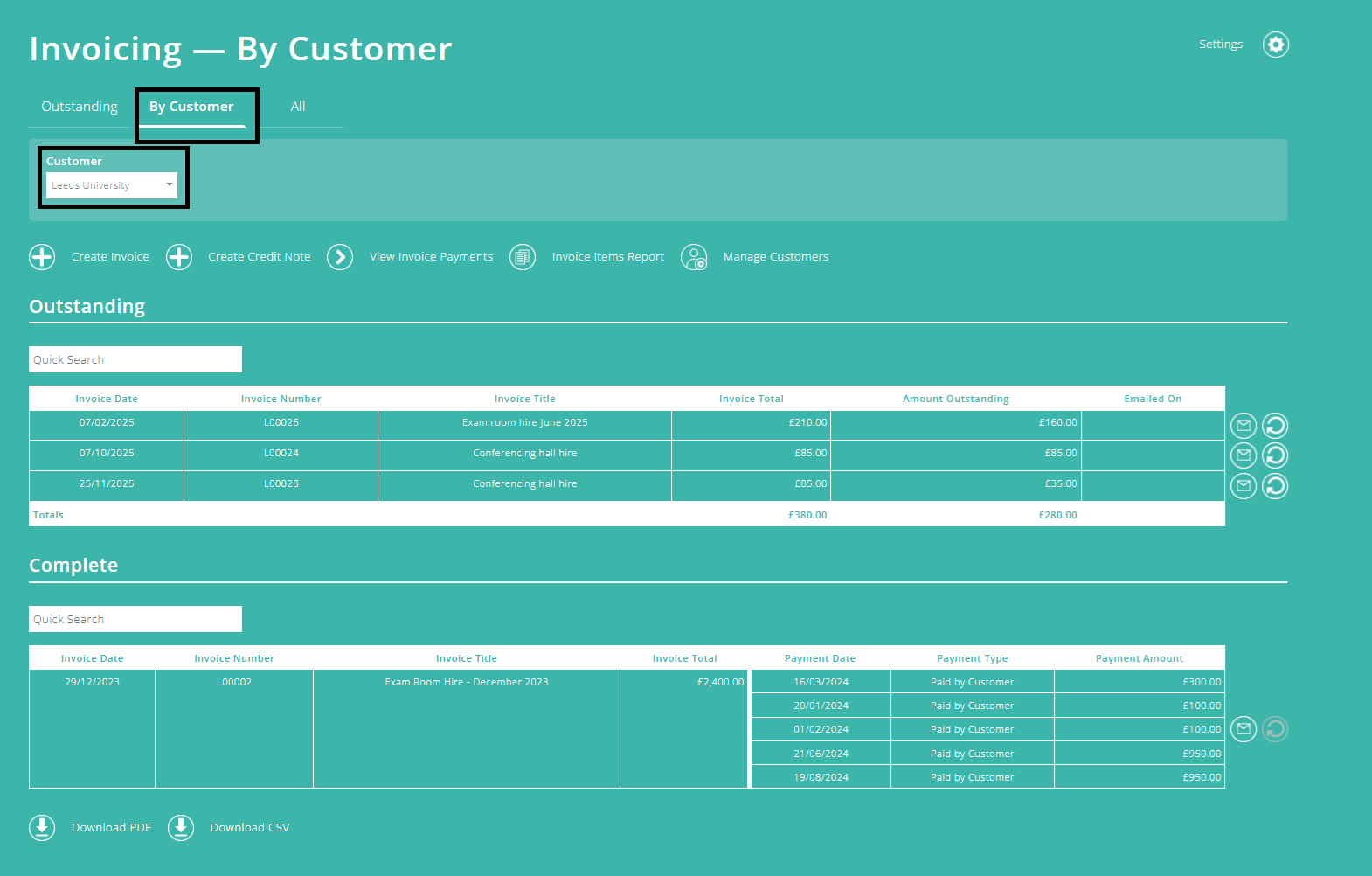 ExpensePlus screenshot of outstanding invoices, highlighting the 'By customer' tab and 'Customer' drop-down