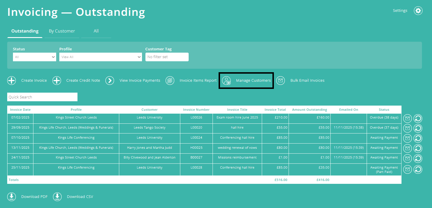 ExpensePlus screenshot of the Invoicing screen, with 'Manage Customers' higlighted