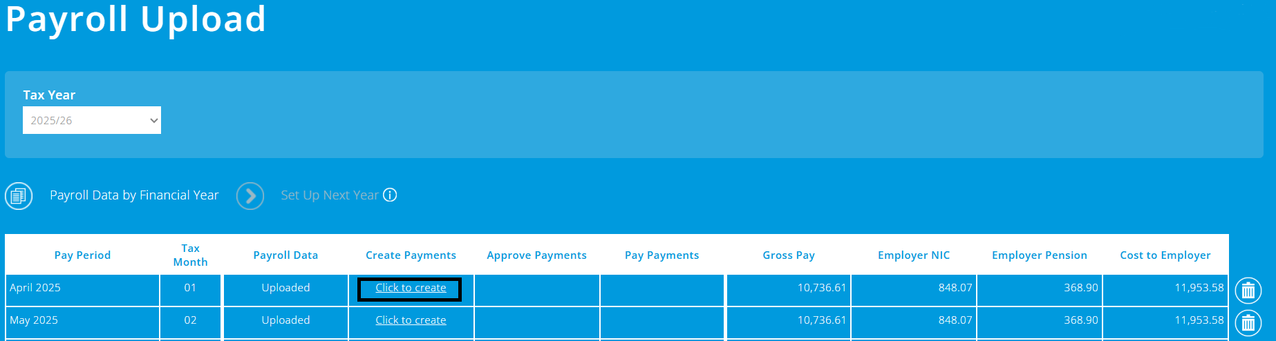 ExpensePlus Payroll Upload screen highlighting Click to create button