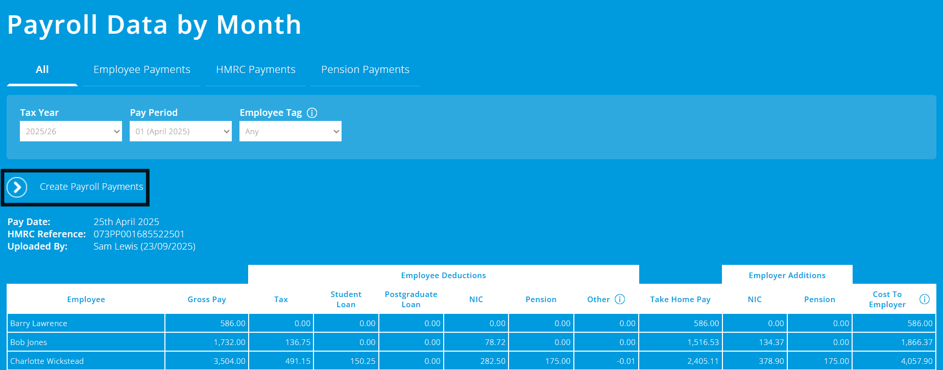 ExpensePlus Payroll Data by Month screen highlighting Create Payroll Payments icon