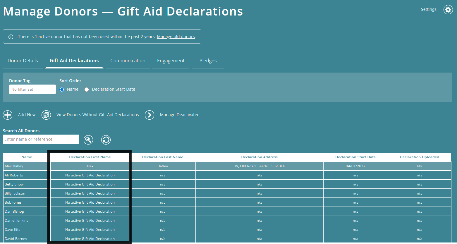 ExpensePlus Manage Donors - Gift Aid Declarations screen