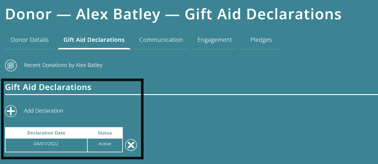 ExpensePlus Donor details screen highlighting the Gift Aid Declaration record