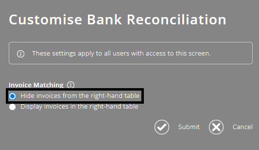 ExpensePlus screenshot of the 'Customise Bank Reconciliation' pop-up, highlighting 'Hide invoices from the right-hand table'