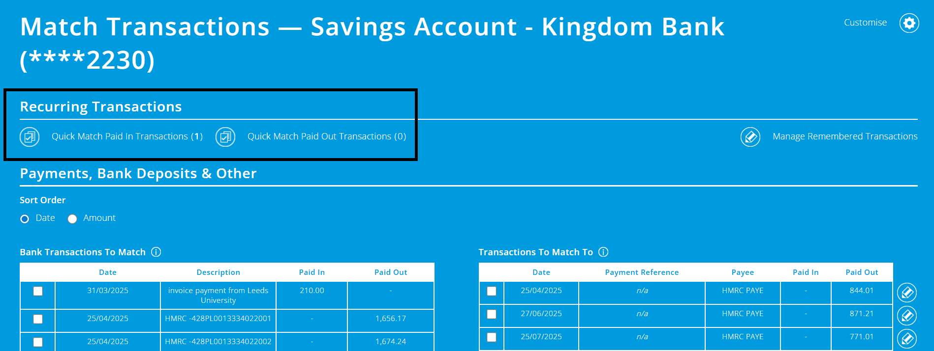 ExpensePlus screenshot of bank matching screen
