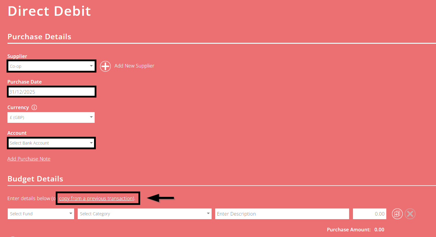 ExpensePlus screenshot of direct debit screen