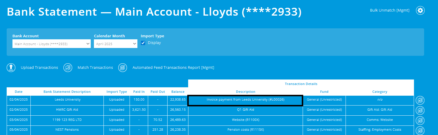ExpensePlus screenshot of a bank statement, with an invoice payment highlighted