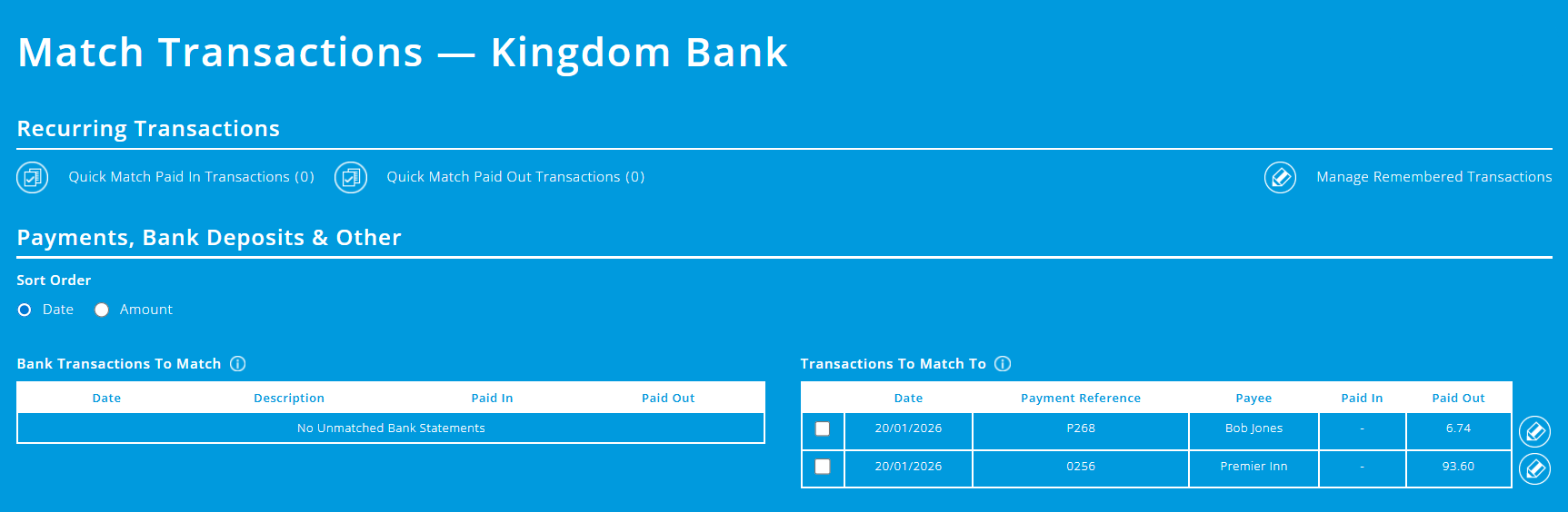 ExpensePlus Match Transactions screen displaying no bank transactions to match