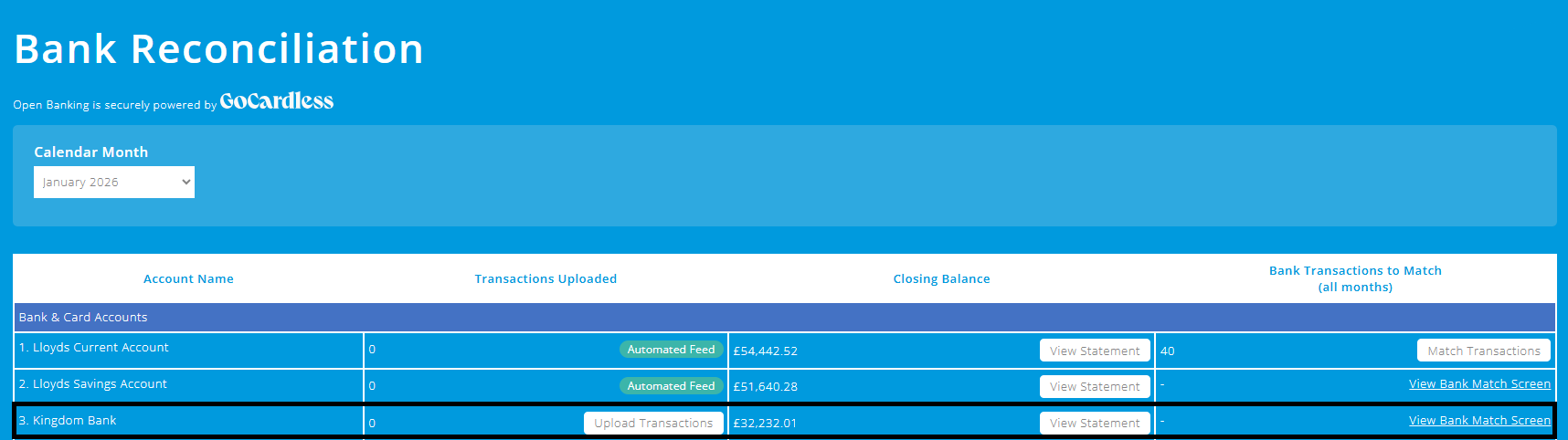 ExpensePlus Bank Reconciliation screen highlighting a bank account with 0 transactions to match