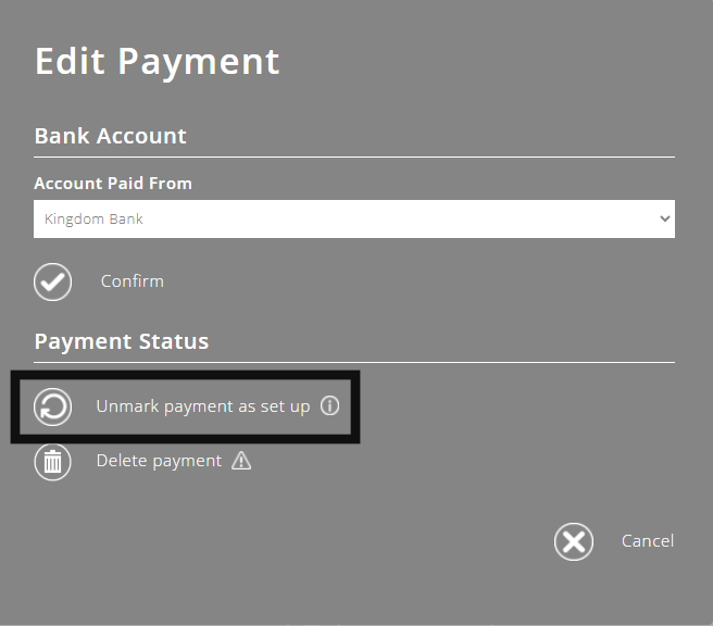 ExpensePlus edit payment pop up highlighting the Unmark payment as set up button