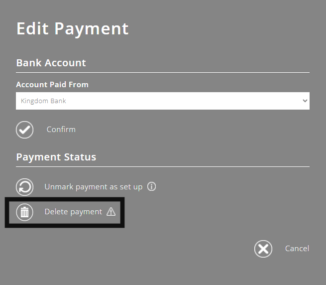 ExpensePlus edit payment pop up highlighting the Delete payment