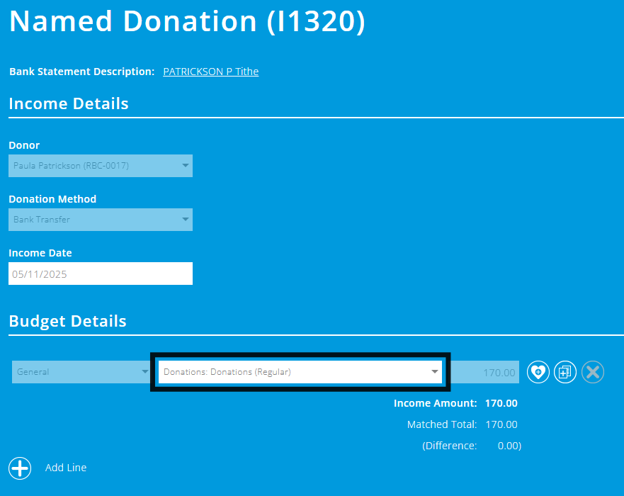 ExpensePlus Named Donation screen highlighting the category field