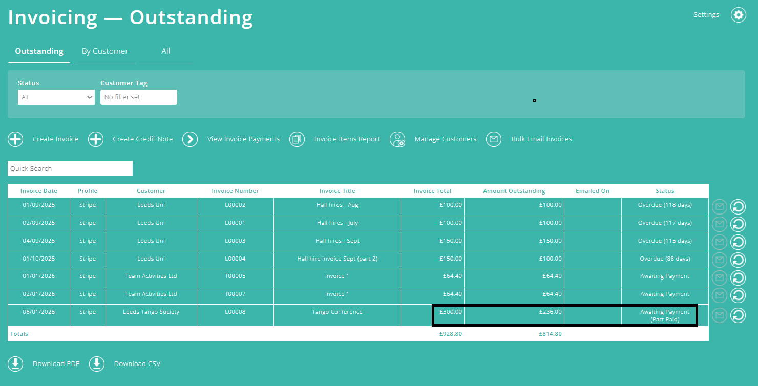 ExpensePlus screenshot highlighting an invoice that's received a part payment against its total balance