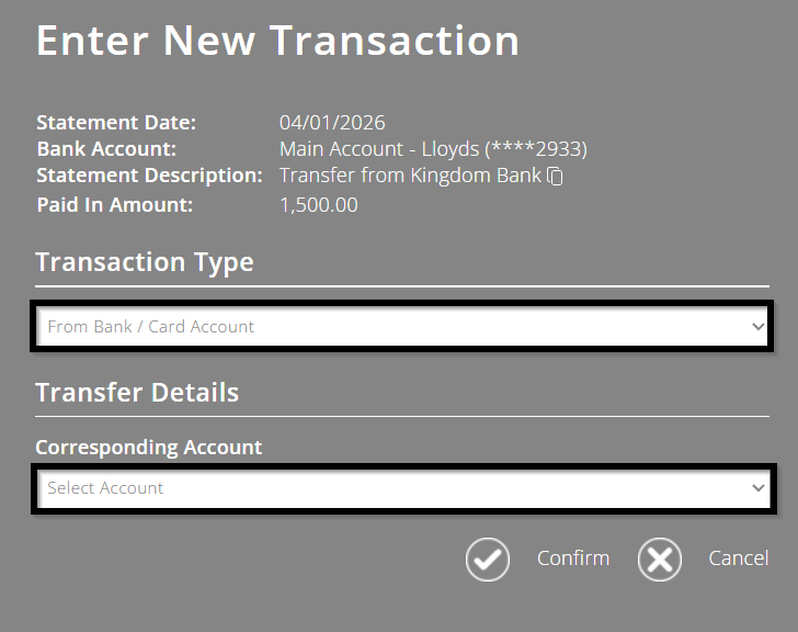 Bank reconciliation screen popup