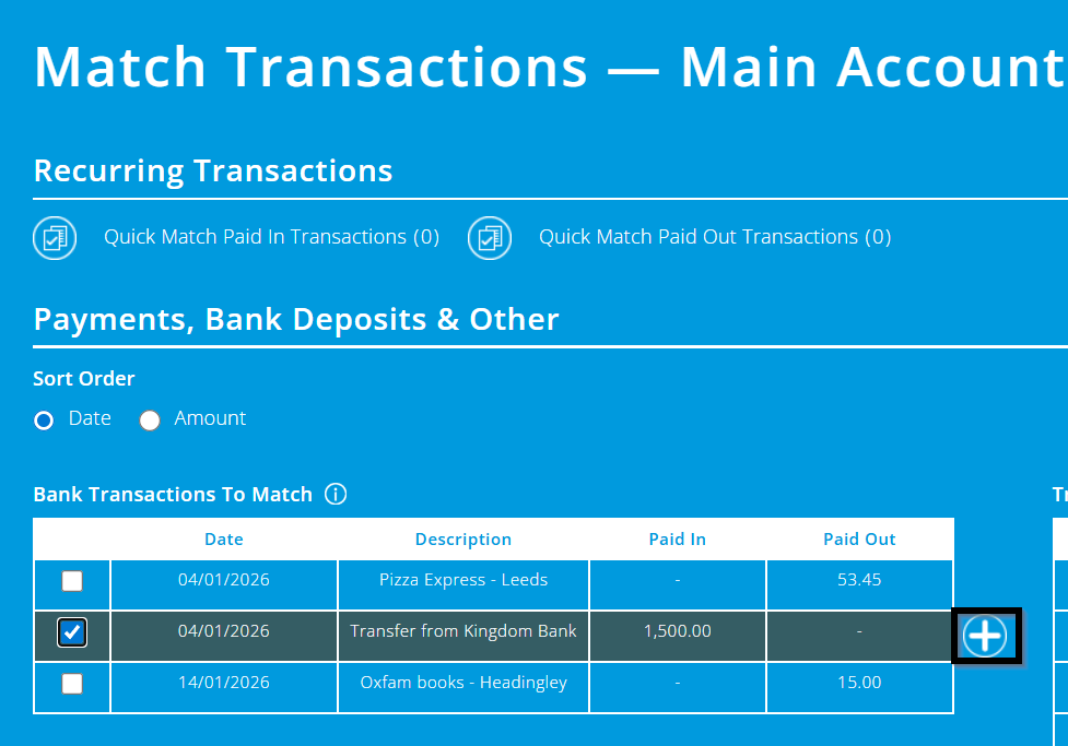 Bank reconciliation screen of main bank account with paid in transaction selected