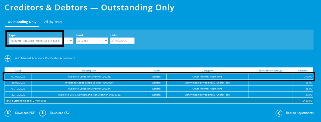 ExpensePlus screenshot showing account receivable entry for the £210 invoice.