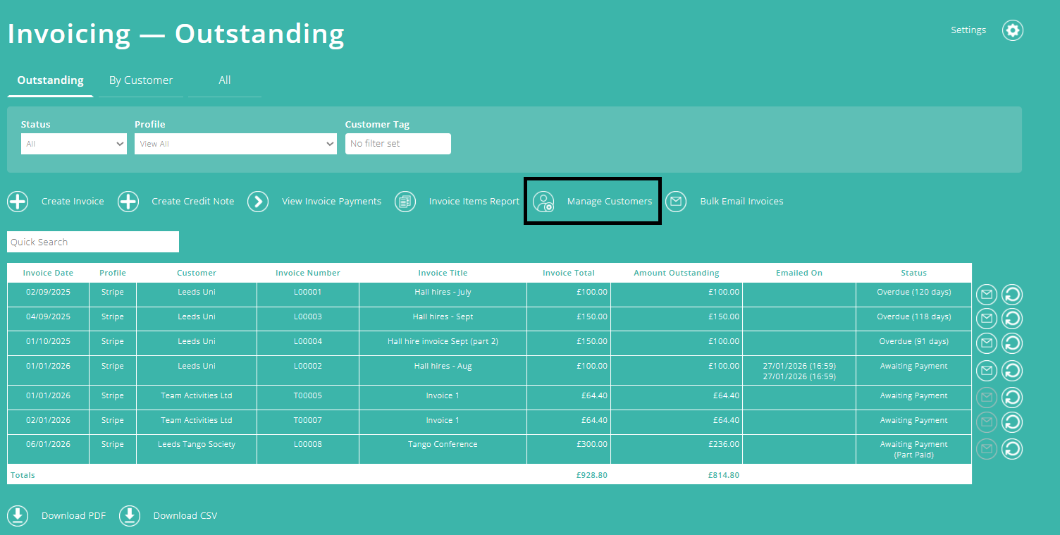 ExpensePlus screenshot of the Invoicing screen, highlighting the 'Manage Customers' button
