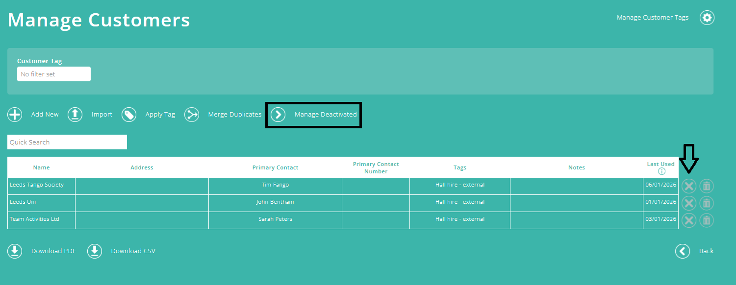 ExpensePlus screenshot of the ‘Manage Customers’ screen, highlighting greyed out 'deactivate' icons, and the ‘Manage Deactivated’ button