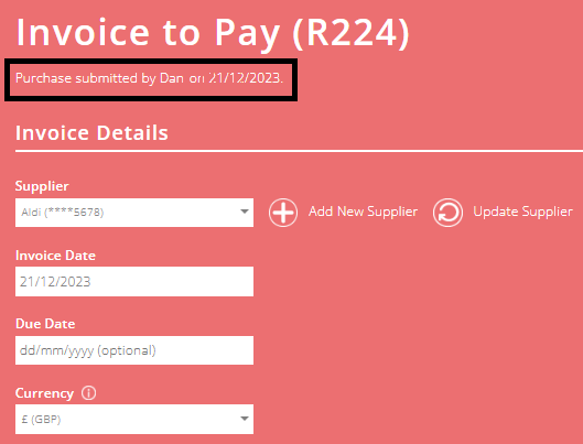 ExpensePlus screenshot of a purchase, showing the name of the purchase submitter