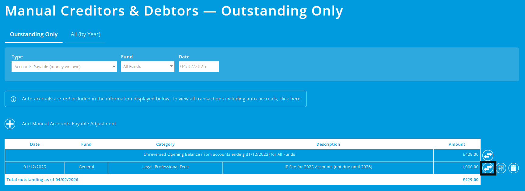 ExpensePlus accounts payable example with the reverse button highlighted
