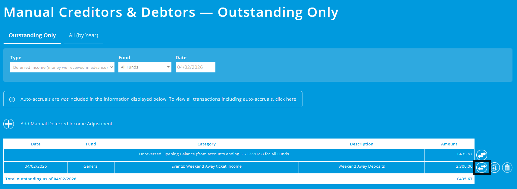 ExpensePlus Manual Creditors & Debtors screen highlighting the Reverse button on a manually entered deferred income adjustment