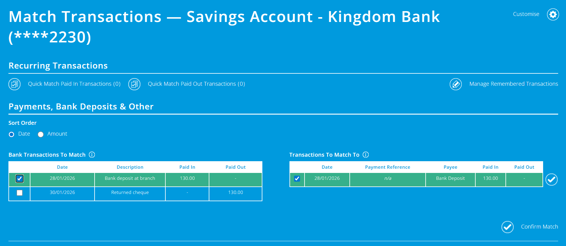 ExpensePlus screenshot of 'Match Transactions' screen, with paid in cheque reconciling to the corresponding Bank Deposit