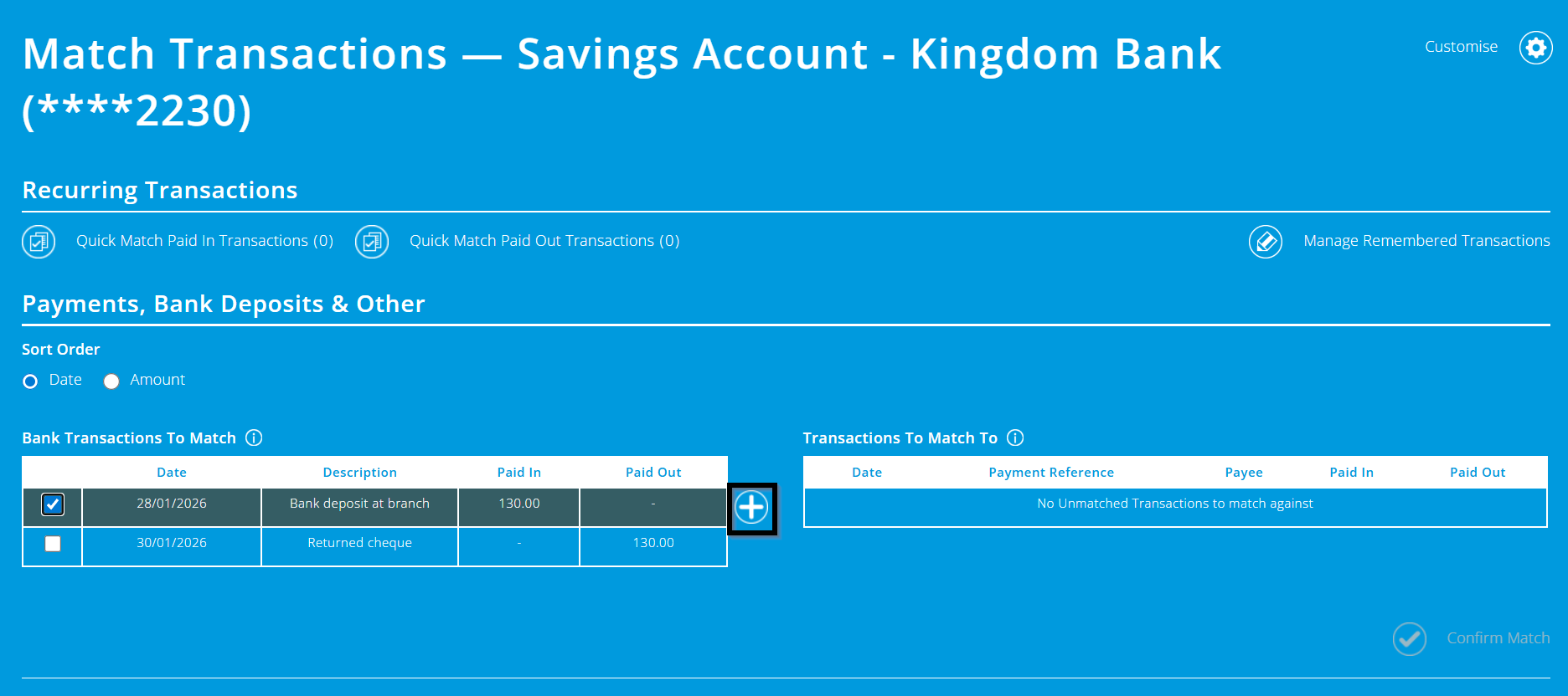 ExpensePlus screenshot of 'Match Transactions' screen, with paid in cheque selected and 'plus' button highlighted