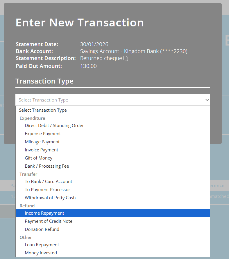 ExpensePlus screenshot of outgoing transaction, categorised as Transaction Type = 'Income Repayment'