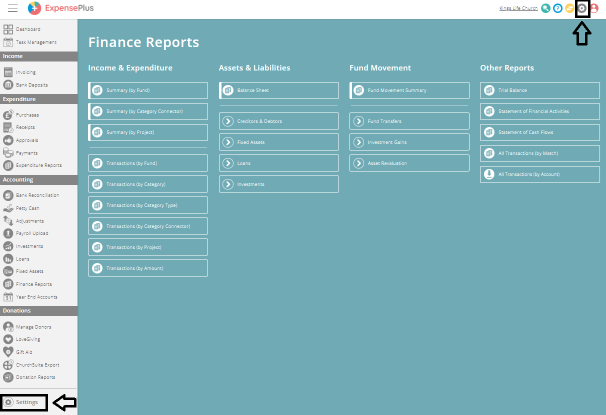 ExpensePlus screenshot, highlighting where to access 'Settings'