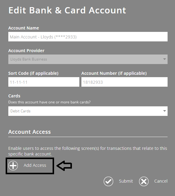 ExpensePlus screenshot of the 'Edit Bank & Card Account' pop-up, highlighting the 'Add Access' button