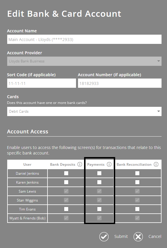 ExpensePlus screenshot of the 'Edit Bank & Card Account' pop-up, highlighting the 'Payments' column