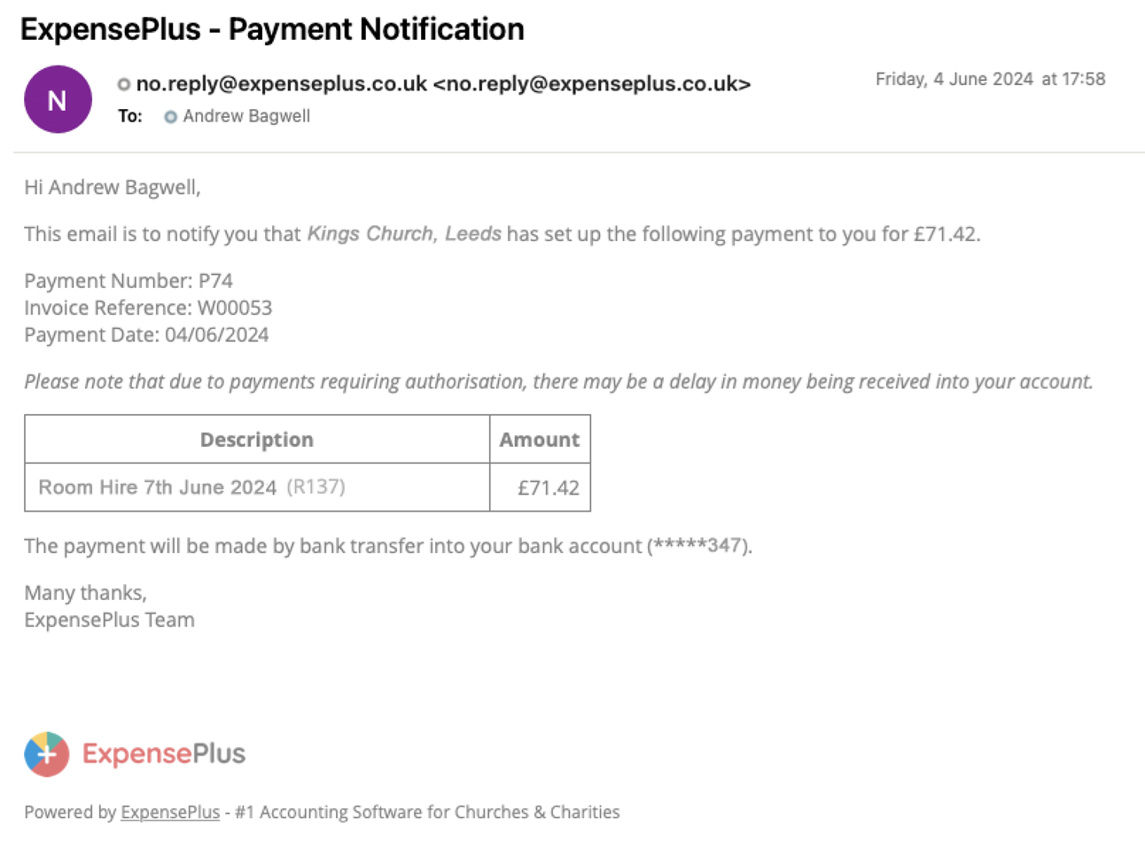 ExpensePlus screenshot showing an example of a remittance email