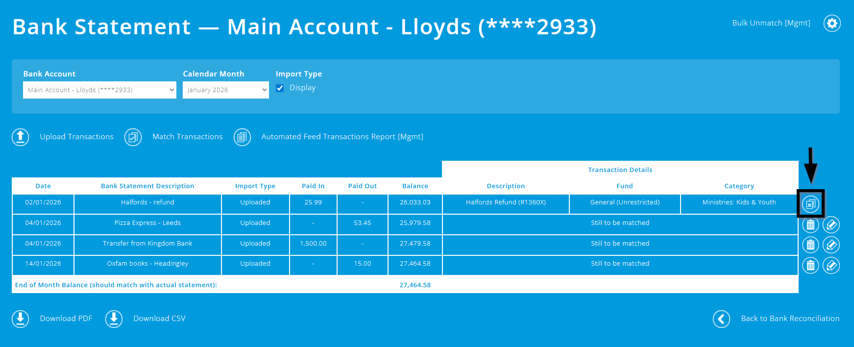 ExpensePlus bank statement screen showing unmatch transaction button