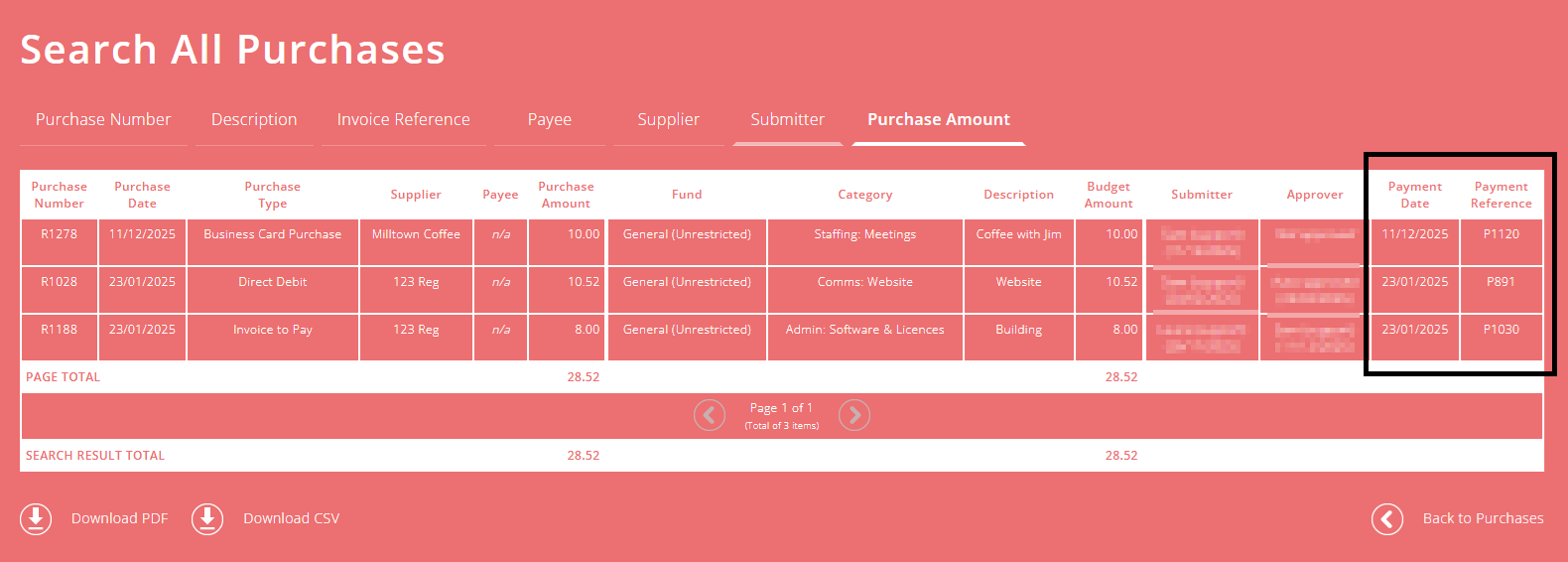 ExpensePlus screenshot of the 'Search All Purchases' results, highlighting the payment details on the right-hand side