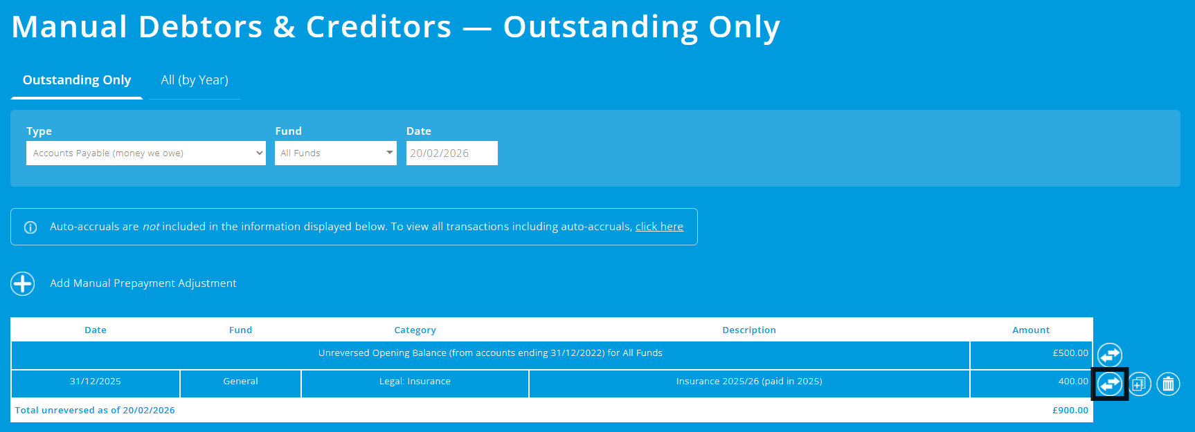 ExpensePlus accounts payable example with the reverse button highlighted