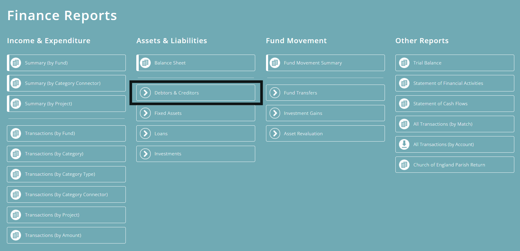 ExpensePlus Finance Reports screen highlighting the Debtors & Creditors report