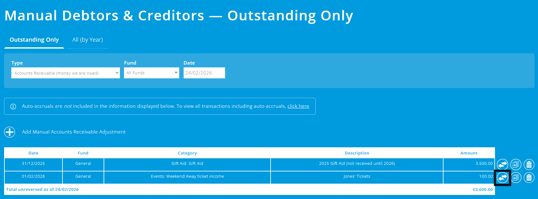 ExpensePlus Manual Debtors & Creditors screen