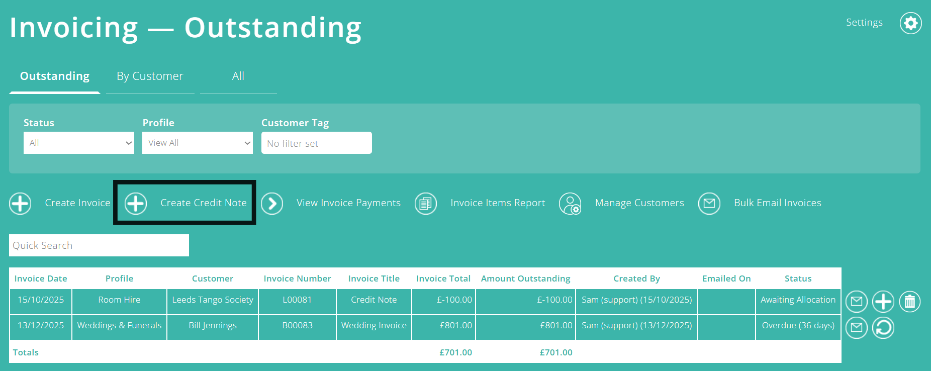 ExpensePlus screenshot of Invoicing screen, highlighting 'Create Credit Note' button
