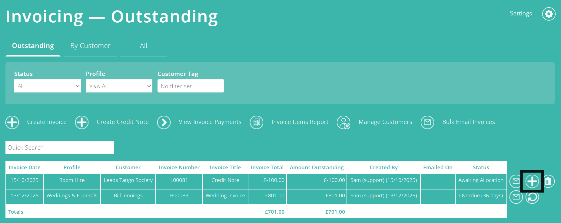 ExpensePlus screenshot of Invoicing screen, highlighting the 'Allocate' button