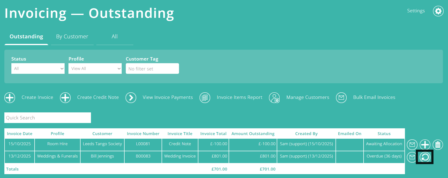 ExpensePlus screenshot of the Invoicing screen, with the 'Update' button highlighted