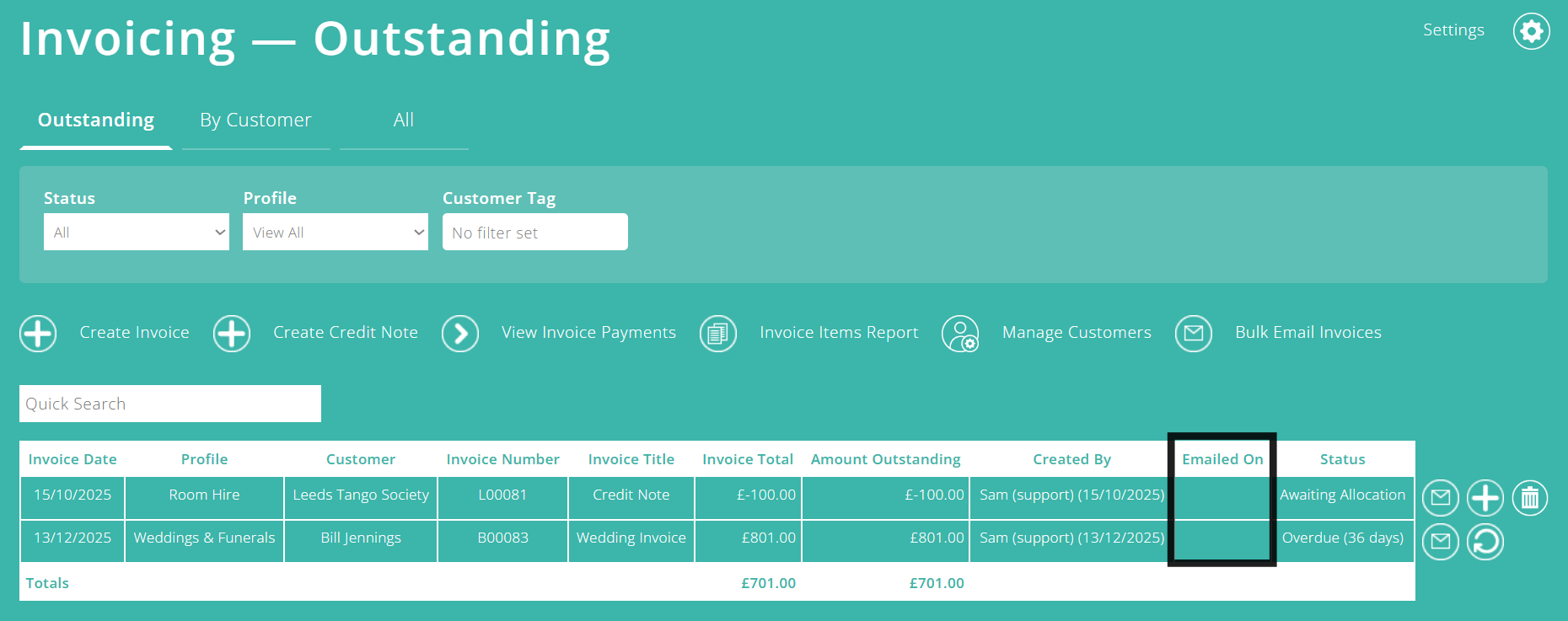 ExpensePlus Invoicing screen highlighting the Emailed On column in the table